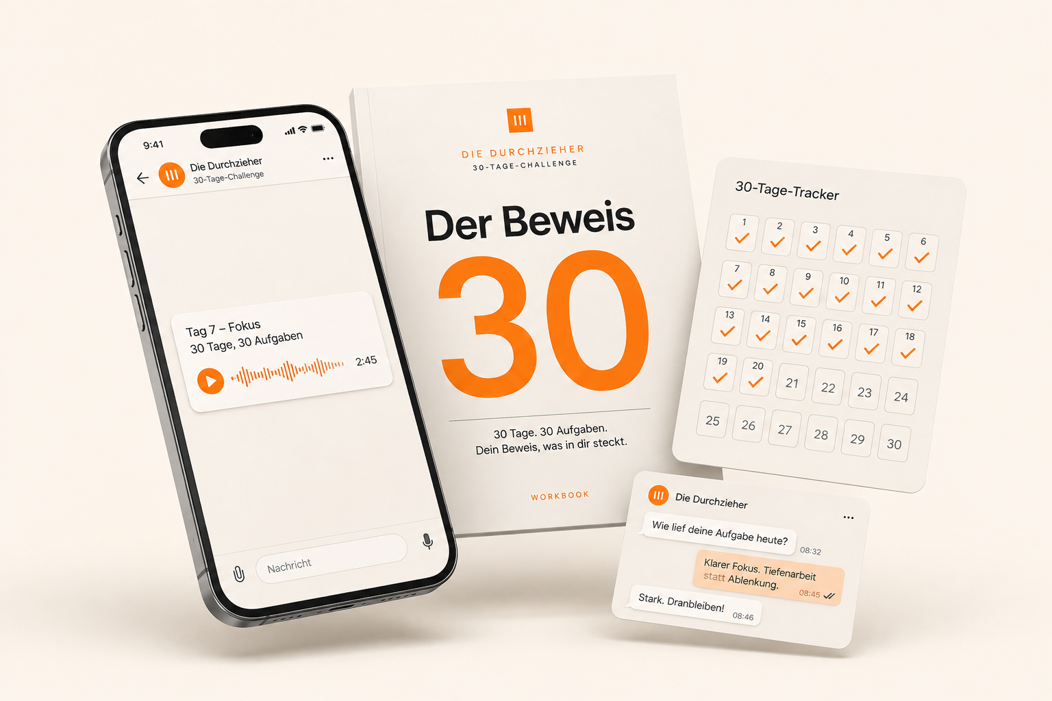 Smartphone mit Sprachnachricht und Chat, Workbook Der Beweis und 30-Tage-Tracker