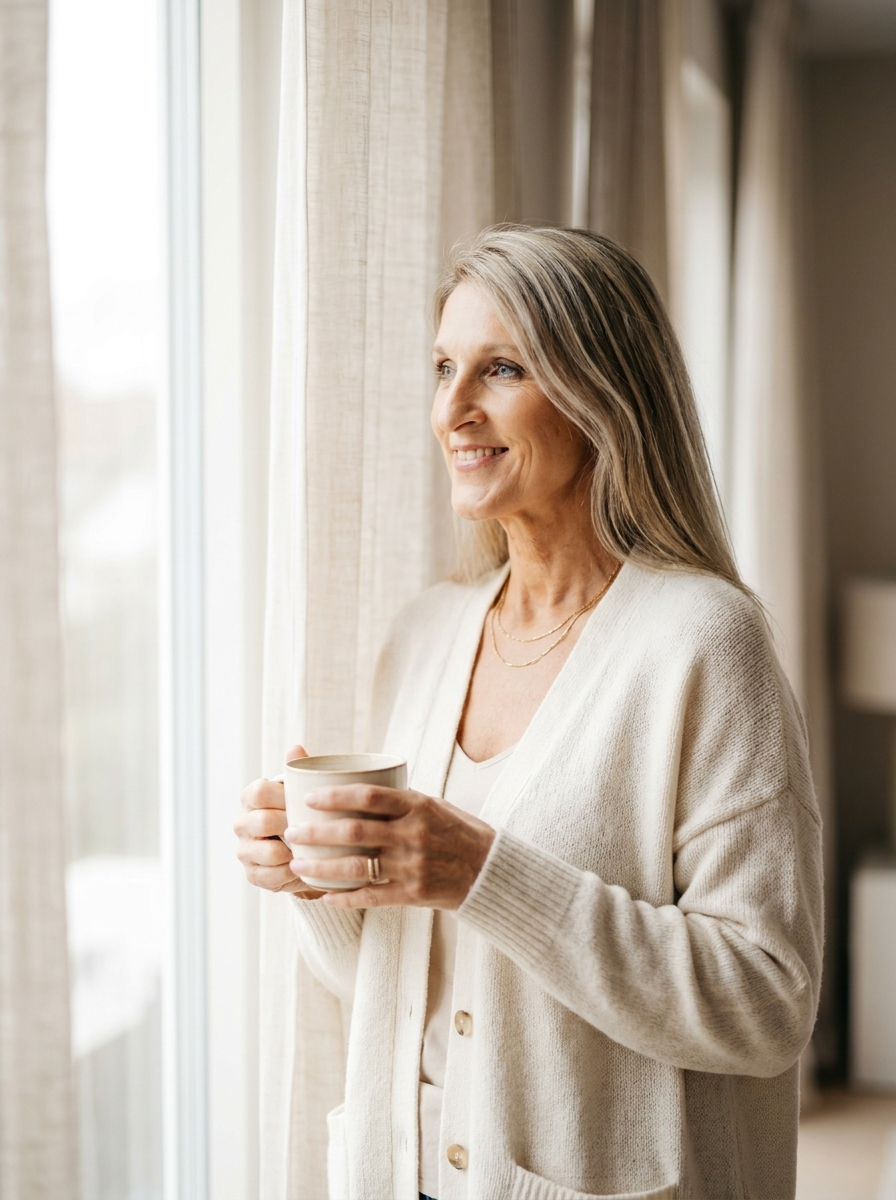 Frau mit Kaffeetasse am Fenster im Morgenlicht