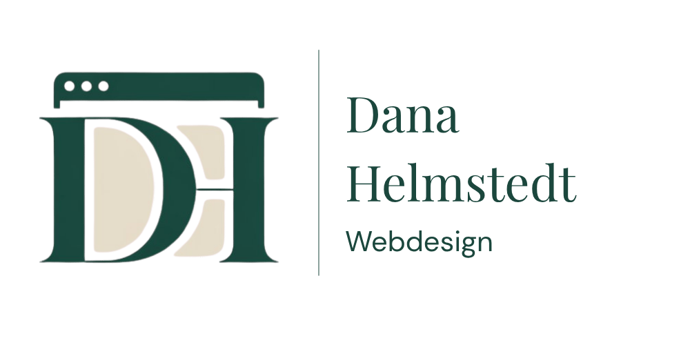 Logo „DH“ in Beige und Grün, mit einem stilisierten Browser-Fenster darüber, daneben „Dana Helmstedt Webdesign“.