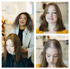 Frau mit braunen Haaren sitzt im Friseursalon; oben rechts lächelt sie, unten rechts zeigt sie Haarausfall.