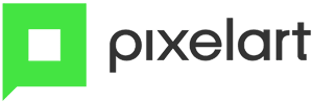 Grünes quadratisches Logo mit einem kleineren Quadrat in der Mitte und dem grauen Text „pixelart“ daneben.