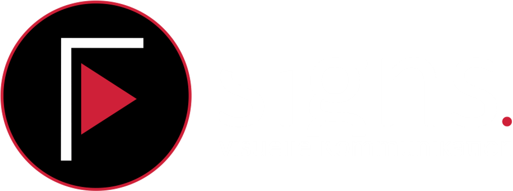Logo mit schwarzem Kreis, rotem Play-Dreieck und weißem "F", daneben "signs." und "visuelle kommunikation".