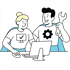 Zwei Personen mit Superheldenumhängen arbeiten am Laptop, einer hält einen Schraubenschlüssel, der andere eine Computermaus.