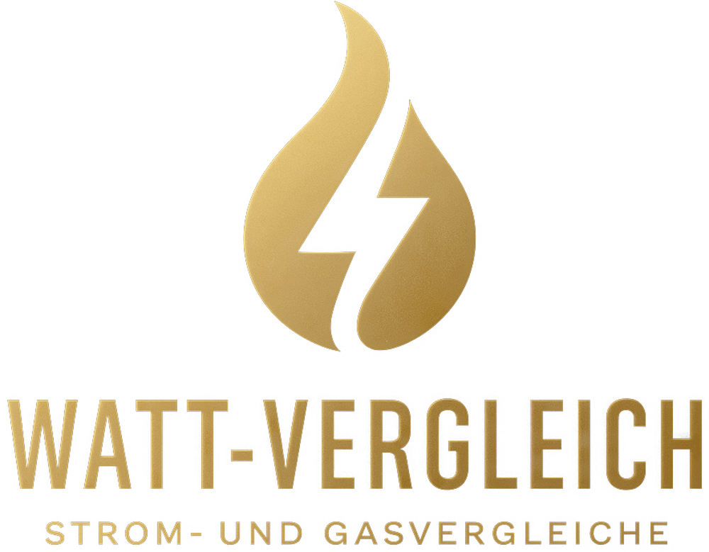 Logo mit goldener Flamme, Blitzsymbol und dem Text "WATT-VERGLEICH STROM- UND GASVERGLEICHE" auf grünem Hintergrund.