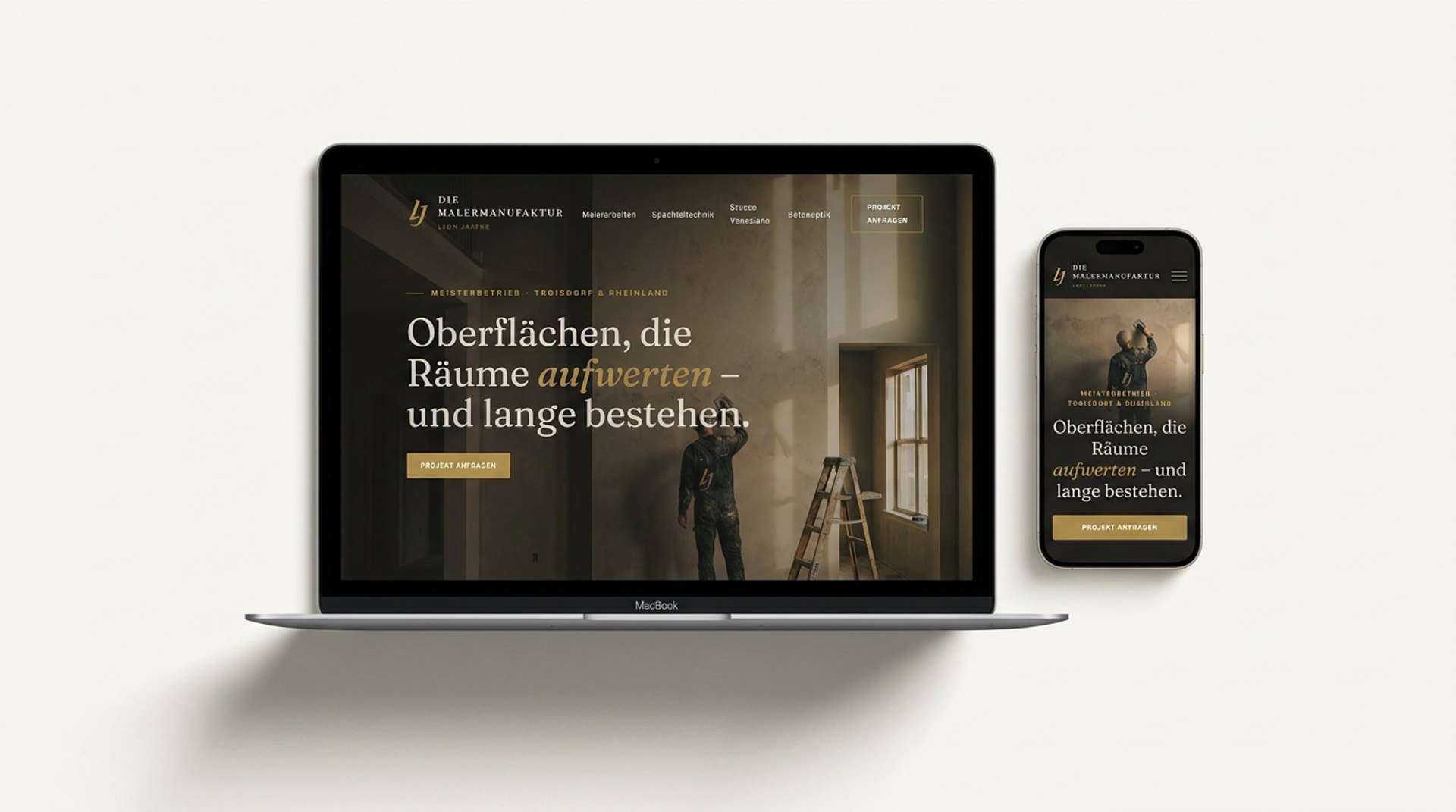 Handwerker-Website der Malermanufaktur Leon Jaffke auf MacBook und iPhone