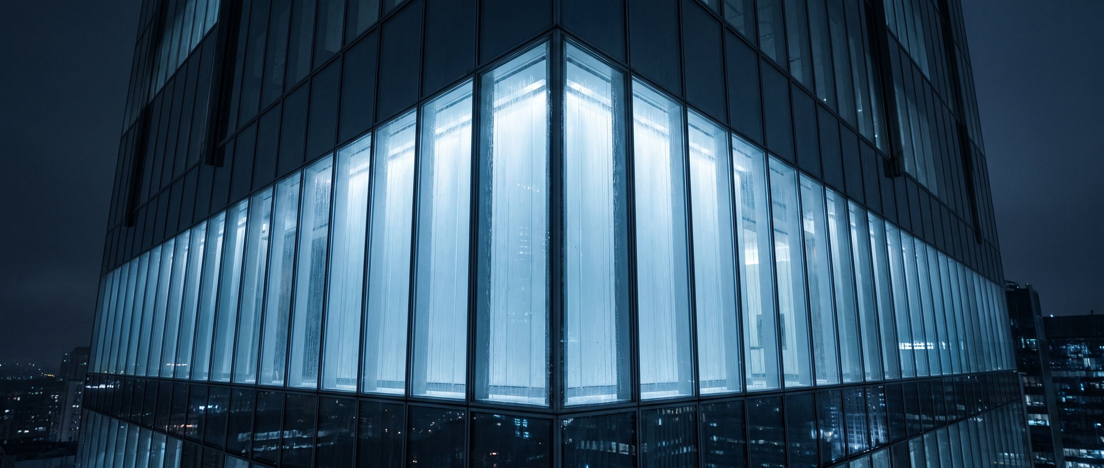 Beleuchtete Glasfassade eines modernen Gebäudes bei Nacht