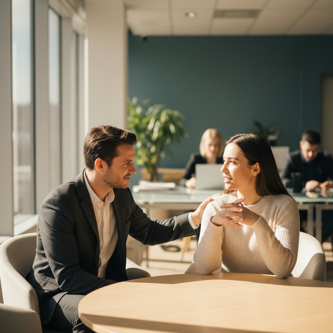 A leader listening attentively to a team member in a supportive one on one conversation