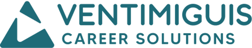 Blue "VENTIMIGUIS CAREER SOLUTIONS" text logo with a blue abstract mountain peak symbol.
