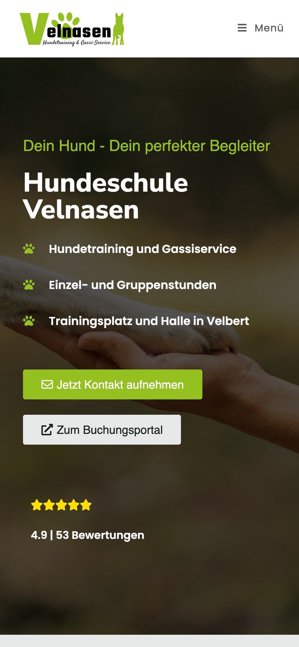 Startseite der Webseite der Hundeschule Velnasen aus Velbert