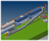 CAD-Modell einer Zugentladeanlage mit Waggons, Förderband und Siloturm auf grünem Gelände.