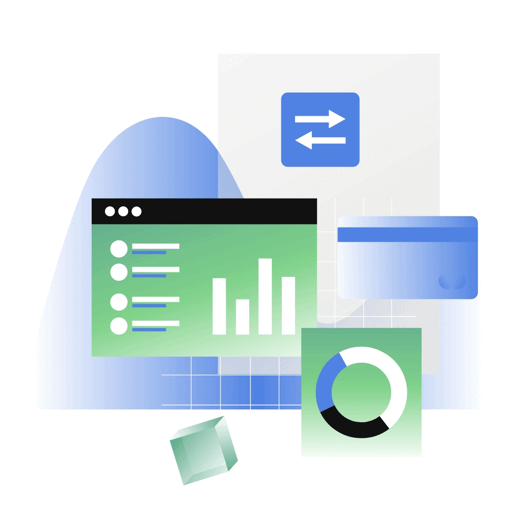 Ein Dashboard mit Balkendiagramm und Liste, daneben eine Kreditkarte, ein Ringdiagramm und ein Datentransfer-Symbol.