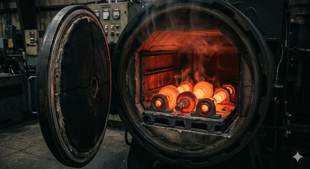 Glühende Metallteile in einem Industrieofen