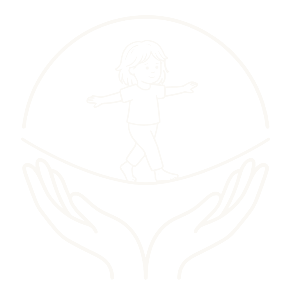 Kind balanciert auf einem Seil über schützenden Händen; weiße Umrisse auf dunkelgrünem Hintergrund.