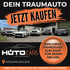 Fünf Luxusautos vor einem Gebäude; Text: "DEIN TRAUMAUTO JETZT KAUFEN", "HUTO CARS", "MEMMINGEN"