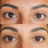 Vorher-Nachher-Vergleich einer Frau mit braunen Augen; oben ohne Wimpernlifting, unten mit gelifteten Wimpern.