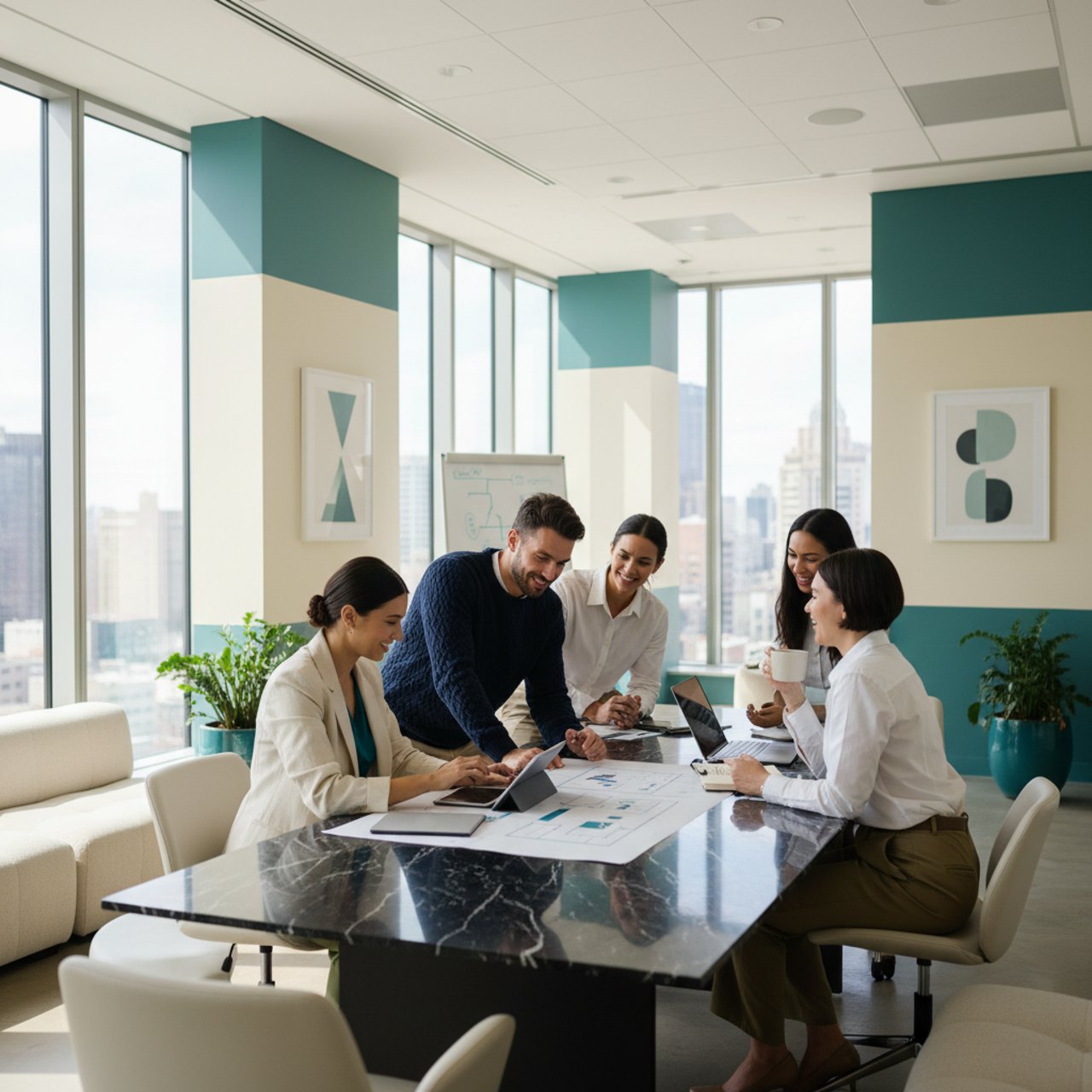 A diverse team collaborating around a table in a bright modern office