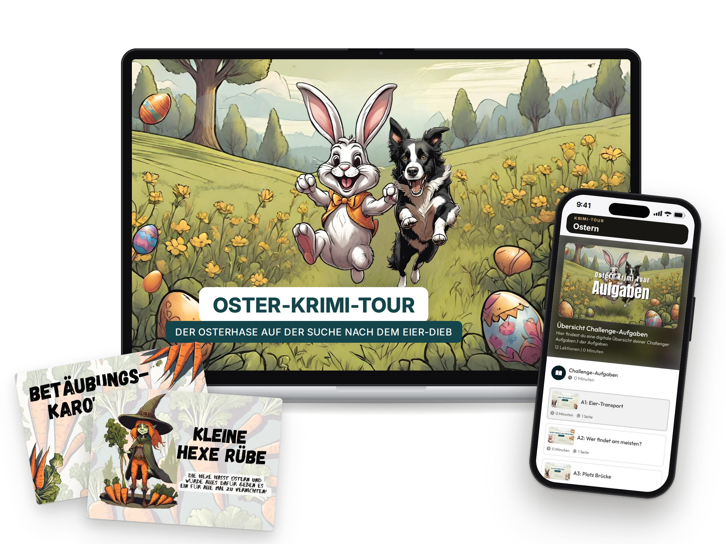 Mockup Ostern-Krimi-Tour auf Laptop, Handy und Karten