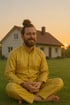 Ein lächelnder Mann mit Dutt und gelbem Gewand meditiert im Schneidersitz auf einer Wiese vor einem Haus bei Sonnenuntergang.