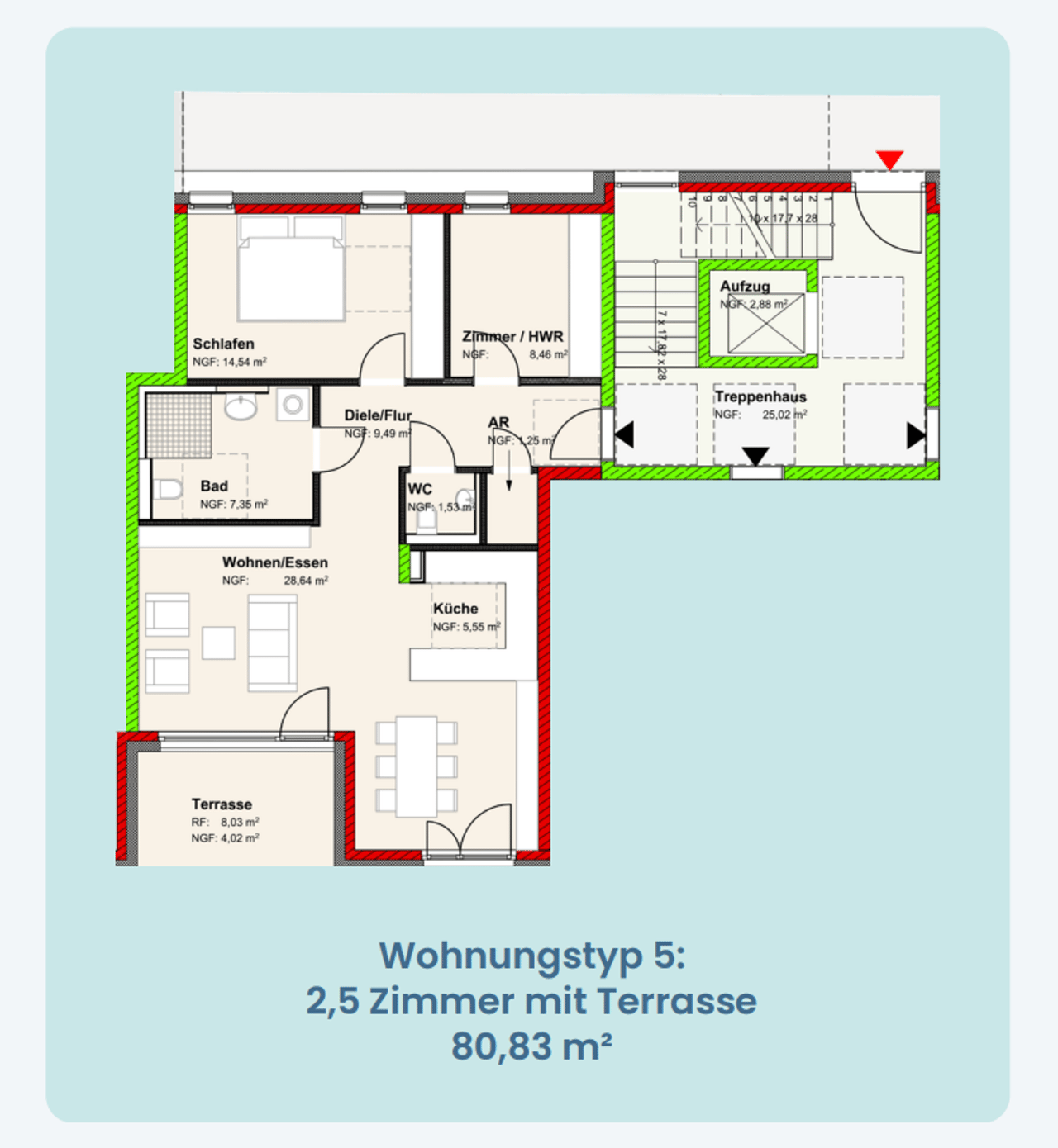 Grundriss Wohnungstyp 5, 2,5 Zimmer, 80,83 m² Wohnfläche