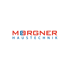 MÖRGENER HAUSTECHNIK Logo, roter Schriftzug "MÖRGENER", blauer Schriftzug "HAUSTECHNIK" auf grünem Hintergrund.
