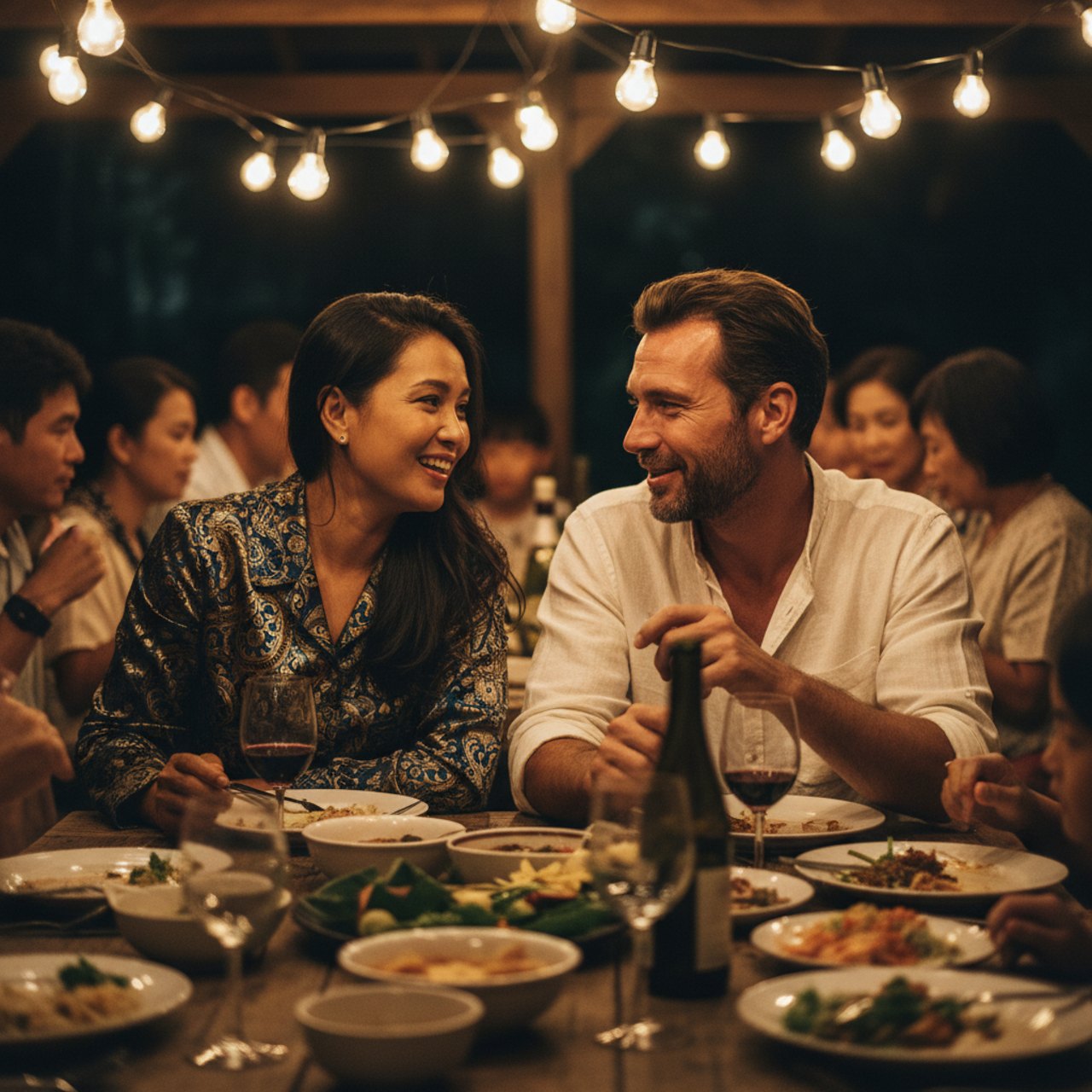 A family dinner under string lights