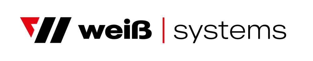 Rotes dreieckiges Logo der Marke Weiß Systems neben dem weißen Schriftzug Weiß Systems auf schwarzem Hintergrund.