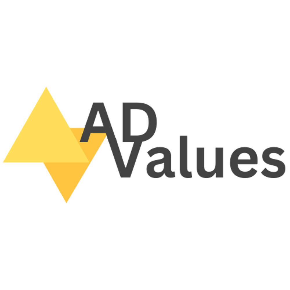 ADValues-Logo mit gelbem Dreieck, das sich in ein nach unten zeigendes Dreieck faltet.