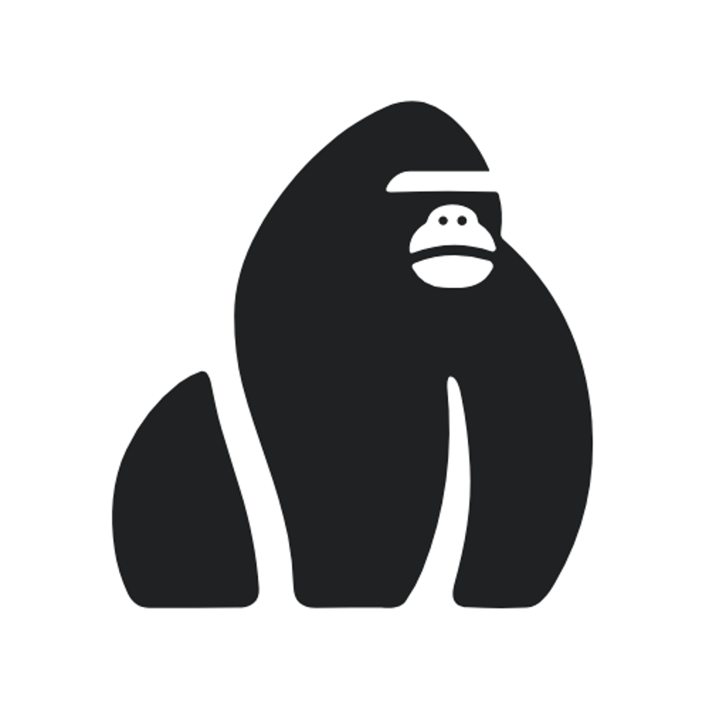 Schwarze Silhouette eines Gorillas, der auf allen vieren sitzt und nach rechts blickt.