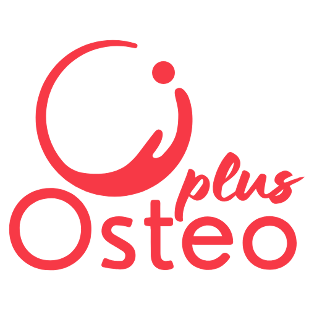 Rotes Logo auf dunkelgrünem Hintergrund: Ein stilisiertes „O“ mit einem Punkt, daneben „plus Osteo“.