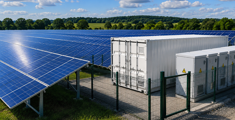 Eine große Freiflächen-Photovoltaikanlage mit blauen Solarmodulen, weißen Batterie-Speichercontainern und Wechselrichtern.