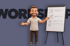 Ein lächelnder 3D-Mann in einem beigen Hemd steht neben einem Flipchart mit vier gezeichneten Kästchen und Symbolen.