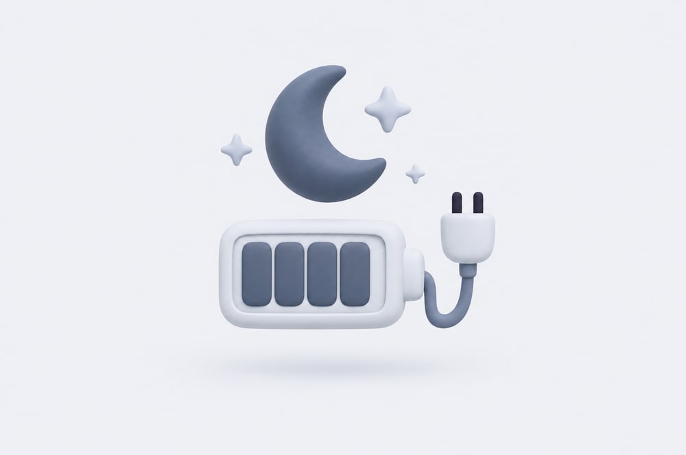 Illustration: Mond und Sterne über einem ladenden Akku