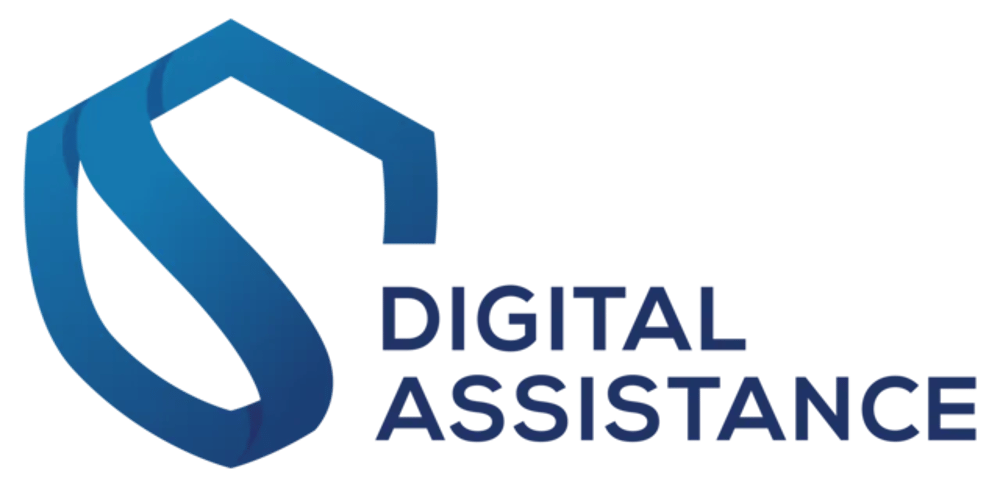 Logo mit blauem Schildsymbol und Text „DIGITAL ASSISTANCE“.
