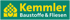 Logo von Kemmler Baustoffe & Fliesen mit einem gelben, stilisierten Haus-Symbol auf grünem Hintergrund.