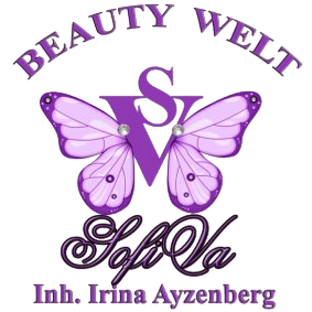 Lila Schmetterlingslogo mit den Initialen „SV“ und den Texten „BEAUTY WELT“, „SofiVa“ und „Inh. Irina Ayzenberg“.