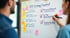 Frau schreibt „SEO Strategy Checklist“ auf ein Whiteboard mit „Keyword Research“, „On-Page Optimization“, „Backlink Building“.