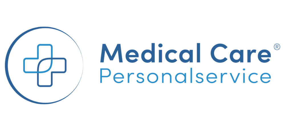 Logo Medical Care Personalservice: Blaues Kreuz in Kreis mit Schriftzug "Medical Care Personalservice".
