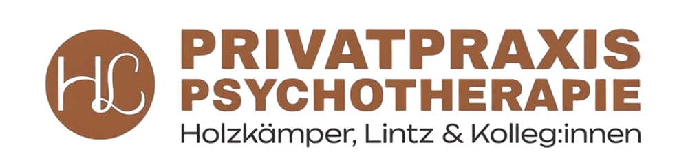 Logo: "HL" in Kreis, Text "PRIVATPRAXIS PSYCHOTHERAPIE Holzkämper, Lintz & Kolleg:innen" auf dunkelgrünem Hintergrund.