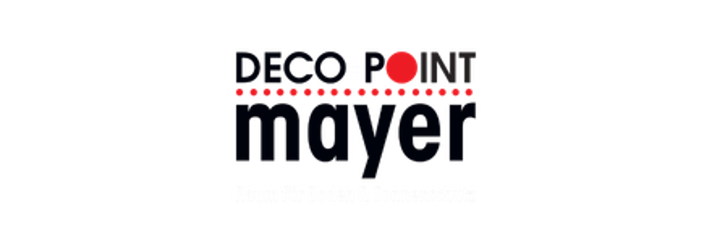 Logo von Deco-Point Mayer mit dem Slogan Raum für Boden & Sonnenschutz auf schwarzem Hintergrund.