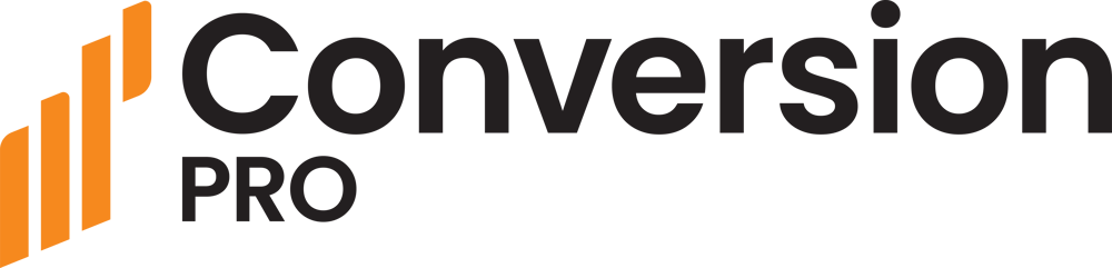 Logo von Conversion PRO mit orangefarbenen Balken, die einen aufsteigenden Trend darstellen.