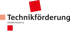 Schwarzschriftzug „Technikförderung Südwestfalen e.V.“ mit roten und pfirsichfarbenen Quadraten.