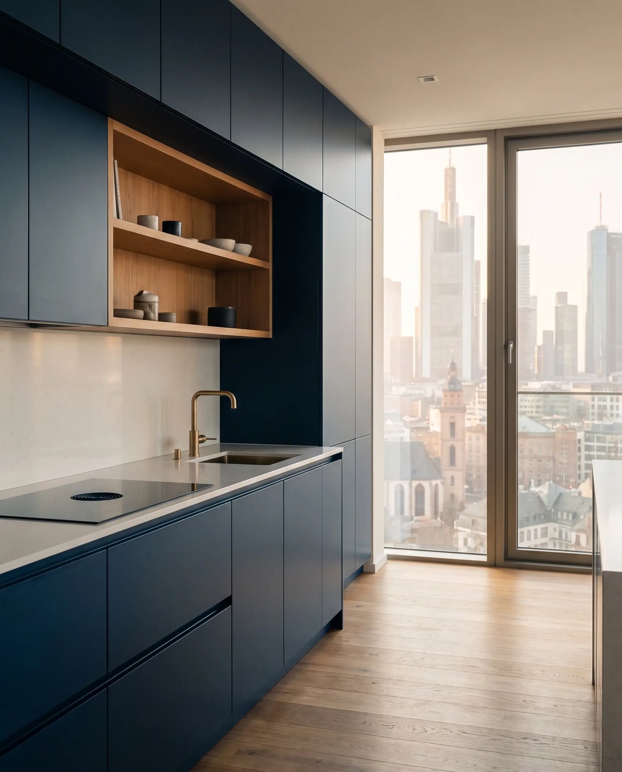 Moderne Einbauküche in einer Frankfurter Wohnung mit Blick auf die Skyline
