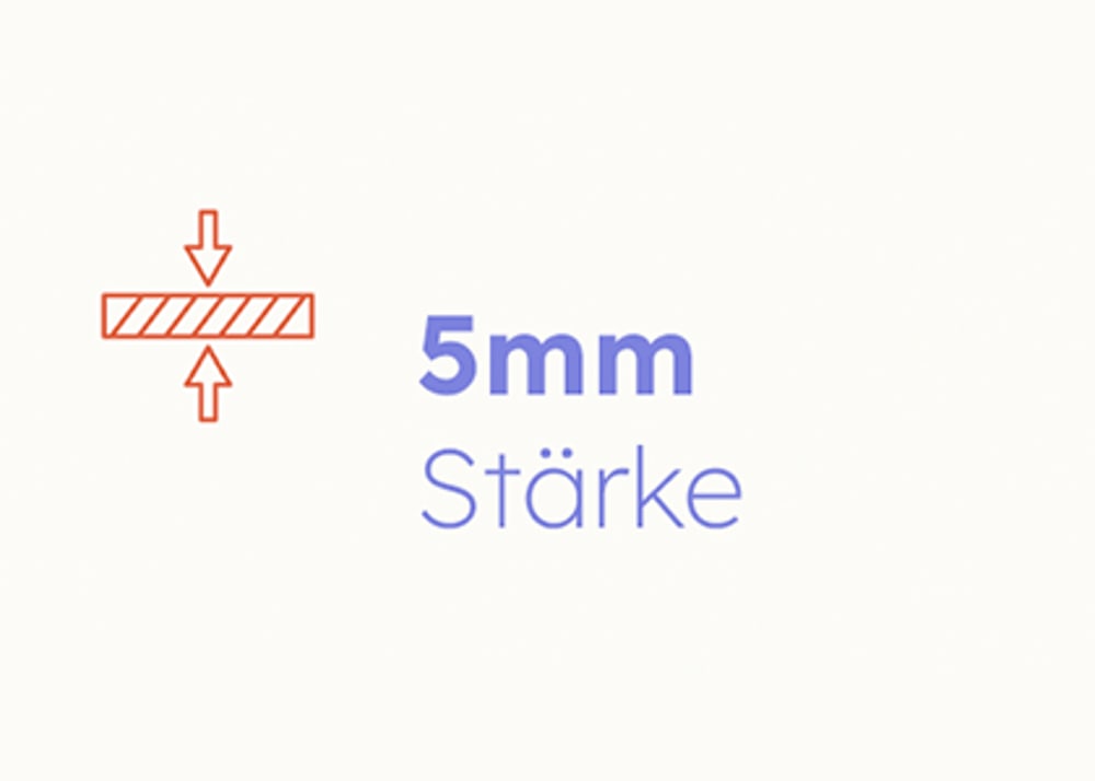 Symbol für 5mm Materialstärke mit zwei roten Pfeilen, die auf einen Querschnitt zeigen.