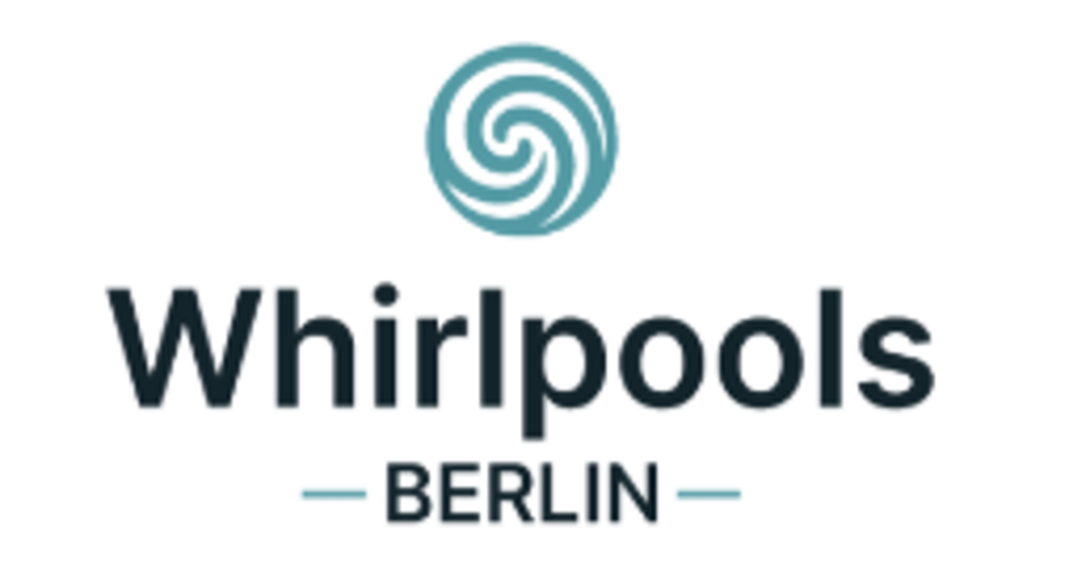 Logo von Whirlpools Berlin mit einem stilisierten blauen Strudel über dem Text.