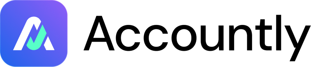 Accountly logo with a purple square icon featuring a white and light green abstract "A" or "M" symbol.