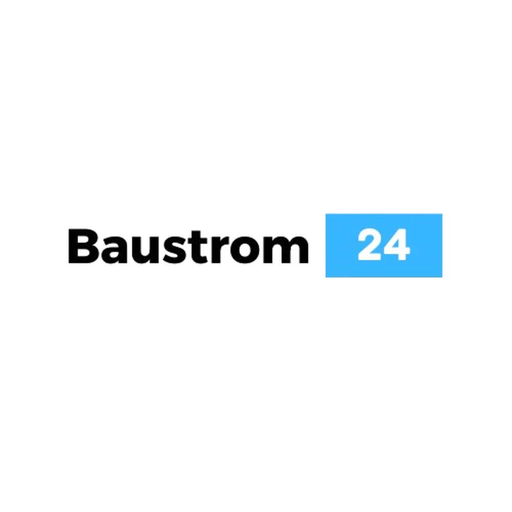 Baustrom 24 Logo mit schwarzem Text "Baustrom" und blauer Box mit der Zahl "24".