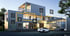Modernes Haus mit Smart-Home-Symbolen und Energiefluss-Pfeilen, ein Elektroauto parkt davor.