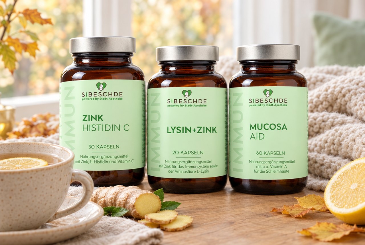 S|BESCHDE Zink Histidin C, Lysin + Zink und Mucosa Aid neben einer Teetasse mit Zitrone und Ingwer und einer Strickdecke im Herbstlicht