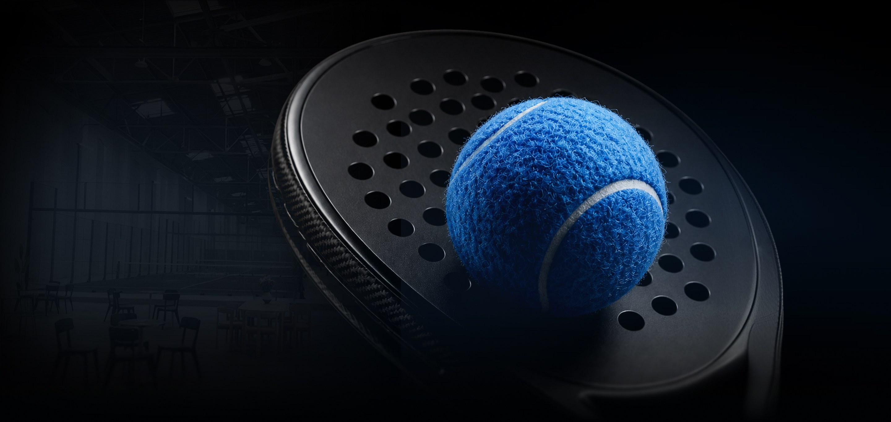 Padel racket with a blue padel ball