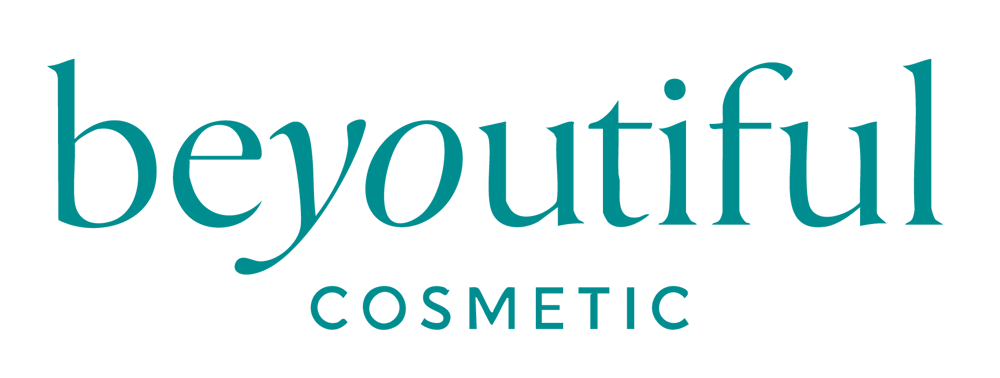 Das Logo „beyoutiful cosmetics“ in Türkis auf dunkelgrünem Hintergrund.